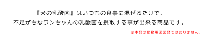 『犬の乳酸菌』はいつもの食事にふりかけるだけで、不足がちなワンちゃんの乳酸菌を摂取する事が出来る商品です。(※本品は動物用医薬品ではありません。)